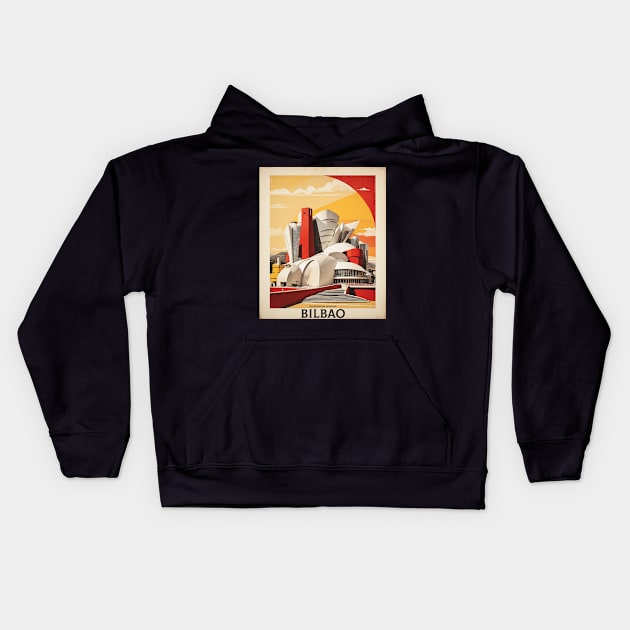 Guggenheim Museum Bilbao Spain Travel Tourism Retro Vintage Kids Hoodie by TravelersGems